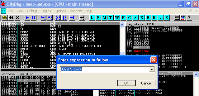 EDI + 74 bytes contains a pointer to our shellcode