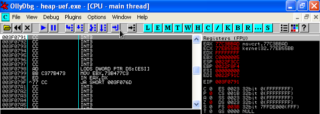 Hitting our shellcode after the call dword EDI+74